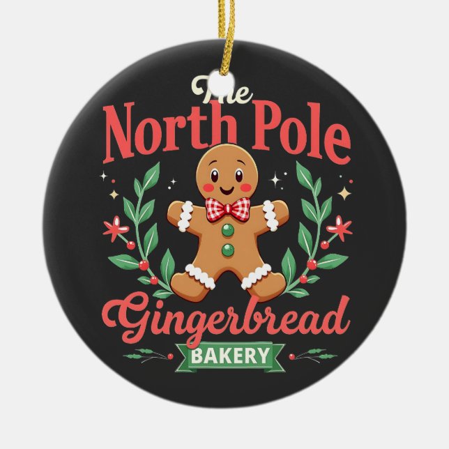 The North Pole Gingerbread Bakery Christmas  Ceramic Ornament (Front)