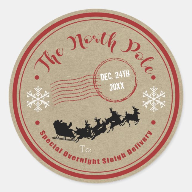 The North Pole Sleigh Overnight Delivery Christmas Classic Round Sticker (Front)