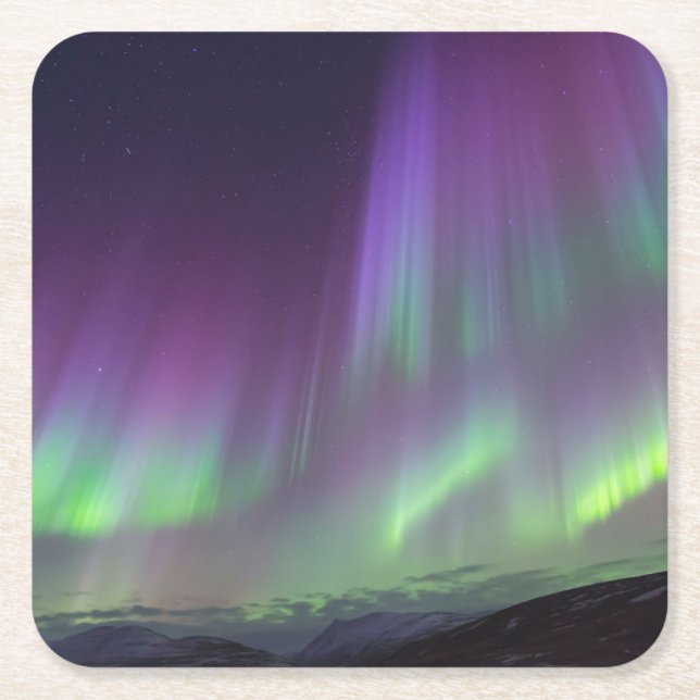 The Northern Lights | North Iceland Square Paper Coaster (Front)