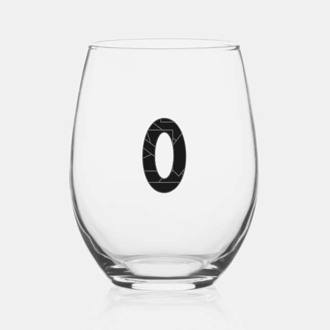 The number zero (0) in black stemless wine glass (Front)