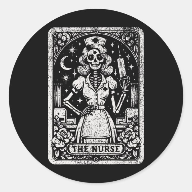 The Nurse Skeleton Tarot Card Funny Nursing Nurse  Classic Round Sticker (Front)
