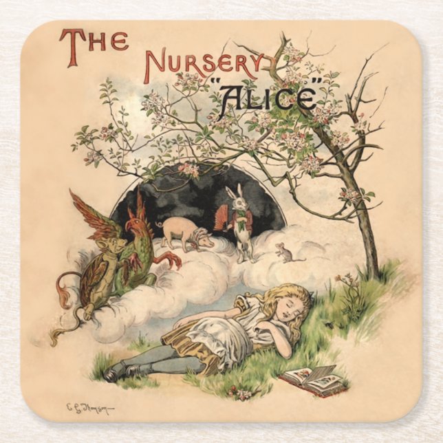 The Nursery Alice 1890 Vintage Wonderland Cover Square Paper Coaster (Front)