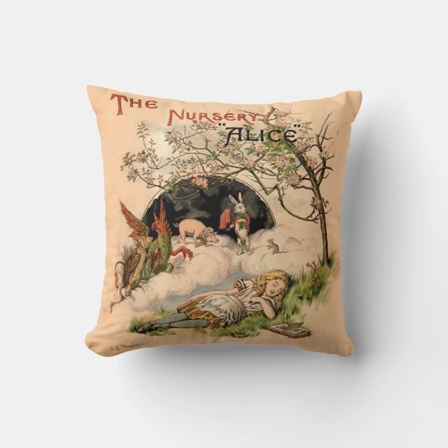 The Nursery Alice 1890 Vintage Wonderland Cover Throw Pillow (Front)