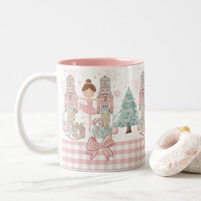 The Nutcracker Ballet Pastel Blush Pink Christmas Two-Tone Coffee Mug (With Donut)