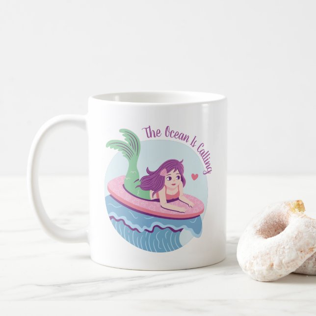 The Ocean Is Calling Mermaid Surfing On Surfboard Coffee Mug (With Donut)