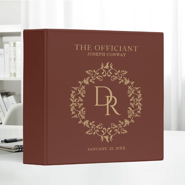 The Officiant Wedding Elegant Monogram Brown Binder (Creator Uploaded)