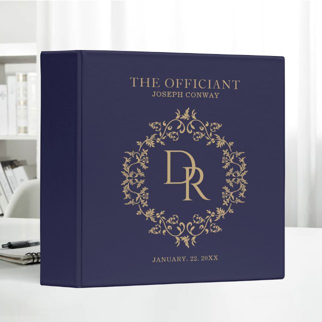 The Officiant Wedding Elegant Monogram Navy Binder (Creator Uploaded)