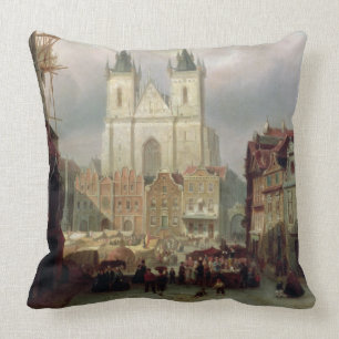 The Old Market Place at Prague, 1881 (oil on canva Throw Pillow