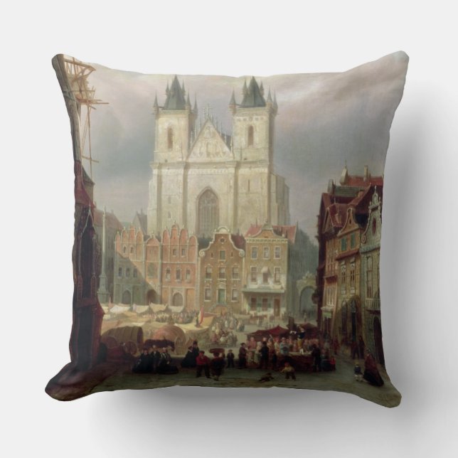 The Old Market Place at Prague, 1881 (oil on canva Throw Pillow (Front)