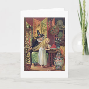 The Old Witch combing Gerda's hair with a golden c Card