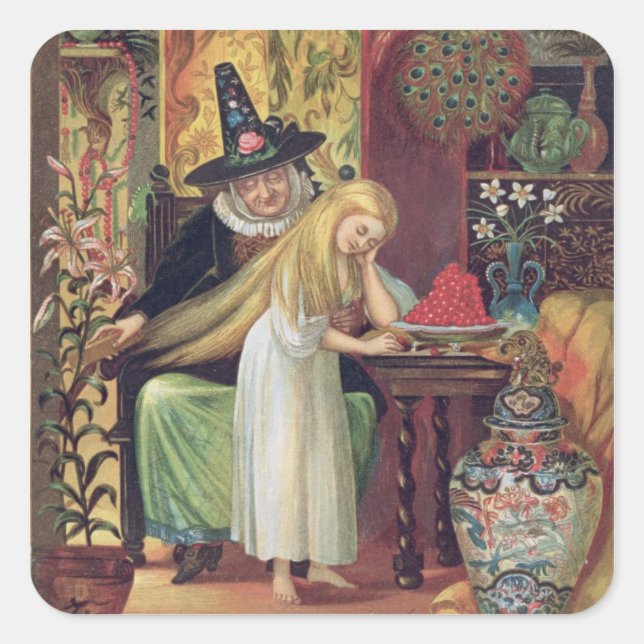 The Old Witch combing Gerda's hair with a golden c Square Sticker (Front)