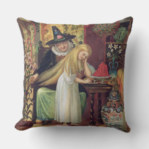 The Old Witch combing Gerda's hair with a golden c Throw Pillow