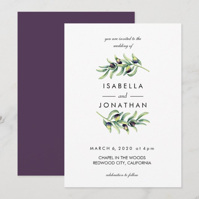 The Olive Grove | Two Branches rustic wedding Invitation (Front/Back)