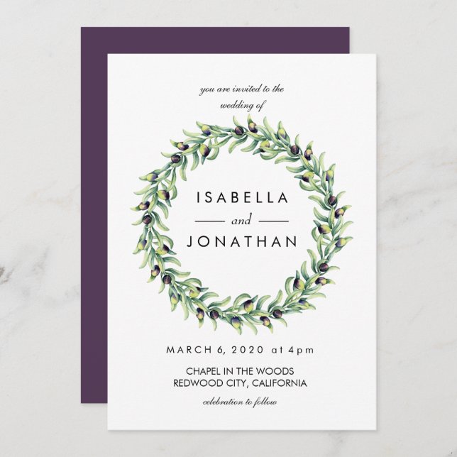 The Olive Grove | Watercolor rustic Wreath wedding Invitation (Front/Back)