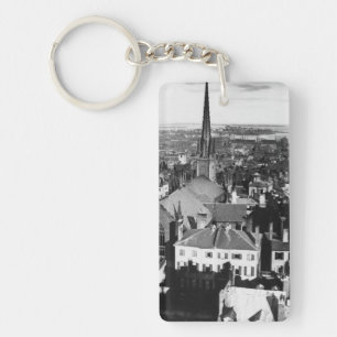The ornamented spire of a church in Boston Keychain