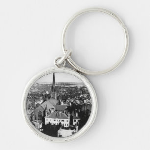 The ornamented spire of a church in Boston Keychain