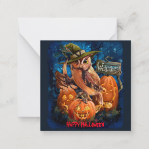 The owl in the magic hat and her pumpkins friends	 card