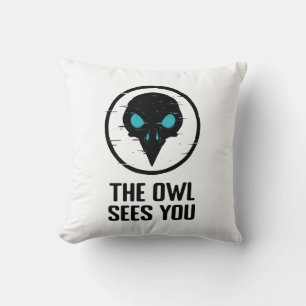 The Owl Sees You - Glitch Eye Horror Shirt - White Throw Pillow