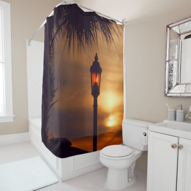 The Palm, Lantern and Sunset Shower Curtain (In Situ)