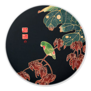 The Paroquet Vintage Bird Japanese Woodblock Print Ceramic Knob