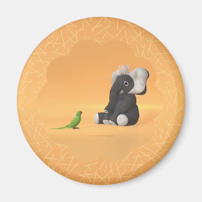 The parrot meets a stuffed elephant magnet (Front)