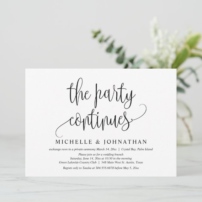 The Party Continues, Wedding Elopement Celebration Invitation (Standing Front)