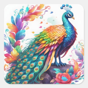The peacock is a brightly coloured bird that is kn square sticker