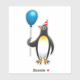 The penguin is holding a blue balloon