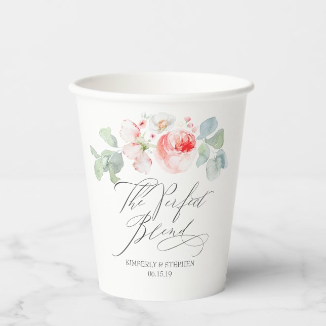 The Perfect Blend Elegant Pink Flowers Wedding Paper Cups (Front)