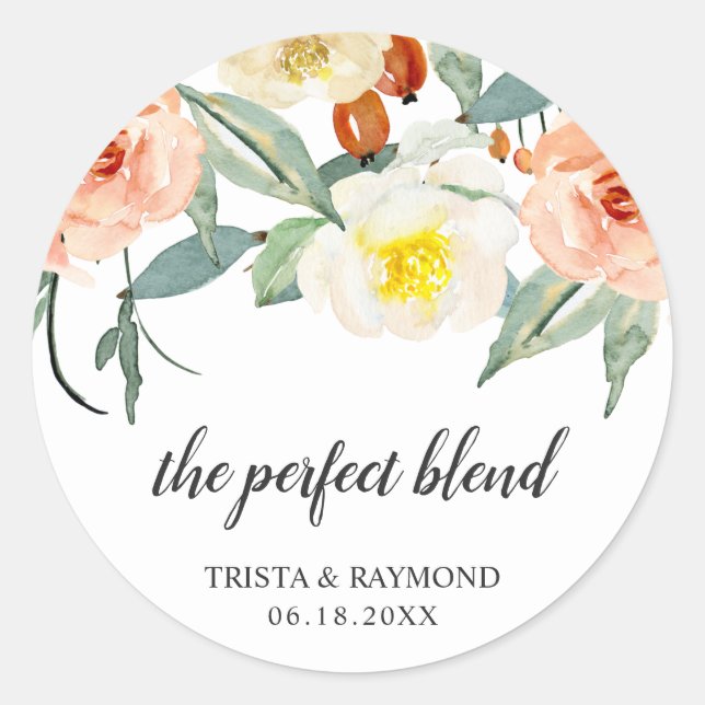 The Perfect Blend Peach Floral Wedding Favour Classic Round Sticker (Front)