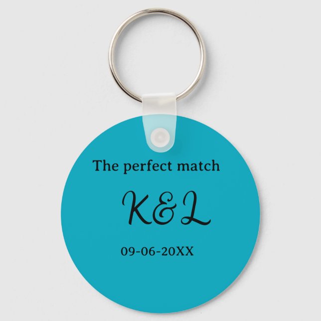 The perfect match couple name letter date blue sim keychain (Front)