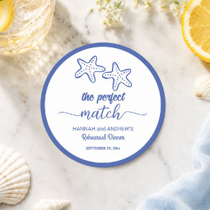 The Perfect Match Starfish Couple Rehearsal Dinner Round Paper Coaster