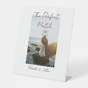 The perfect match wedding couple photo retro mauve pedestal sign