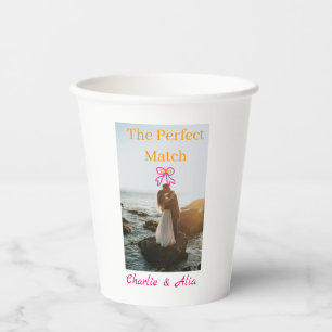 The perfect match wedding couple photo retro pink paper cups