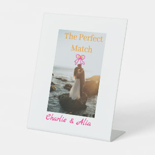 The perfect match wedding couple photo retro pink pedestal sign