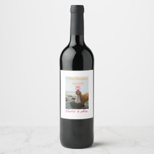 The perfect match wedding couple photo retro pink wine label