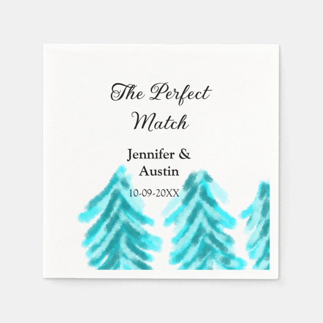 The perfect match winter blue pine tree wedding na napkin (Front)