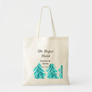 The perfect match winter blue pine tree wedding na tote bag