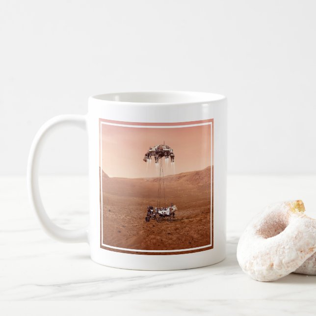 The Perseverance Rover Landing Safely On Mars. Coffee Mug (With Donut)