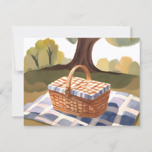 The Picnic   Blue White Striped Wicker Watercolor Postcard