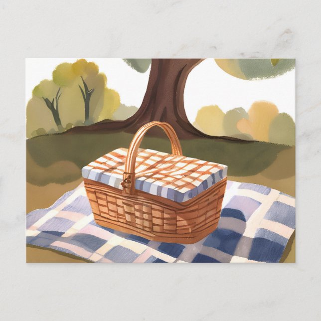 The Picnic | Blue White Striped Wicker Watercolor Postcard (Front)