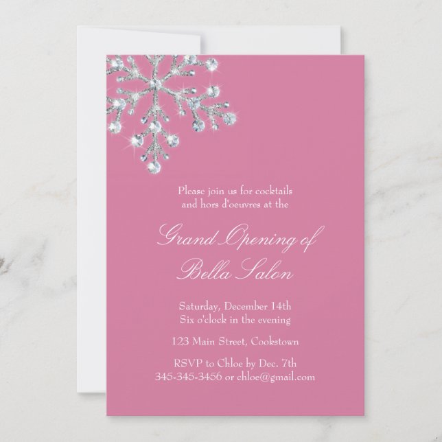 The Pink Grand Opening Offset Crystal Snowflake Invitation (Front)