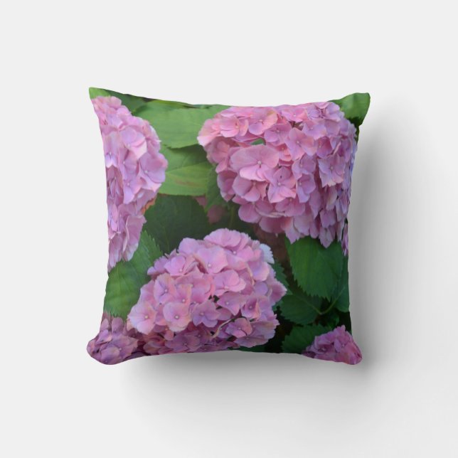 The pink Hortensia hydrangea bush  Throw Pillow (Front)