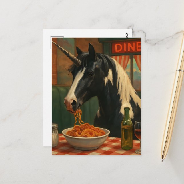 The pinto unicorn in a diner eating Spaghetti Postcard (Front/Back In Situ)