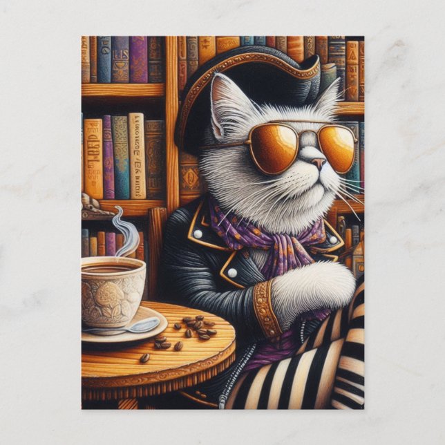 The Pirate Cat With Coffee in a Bookshop Postcard (Front)