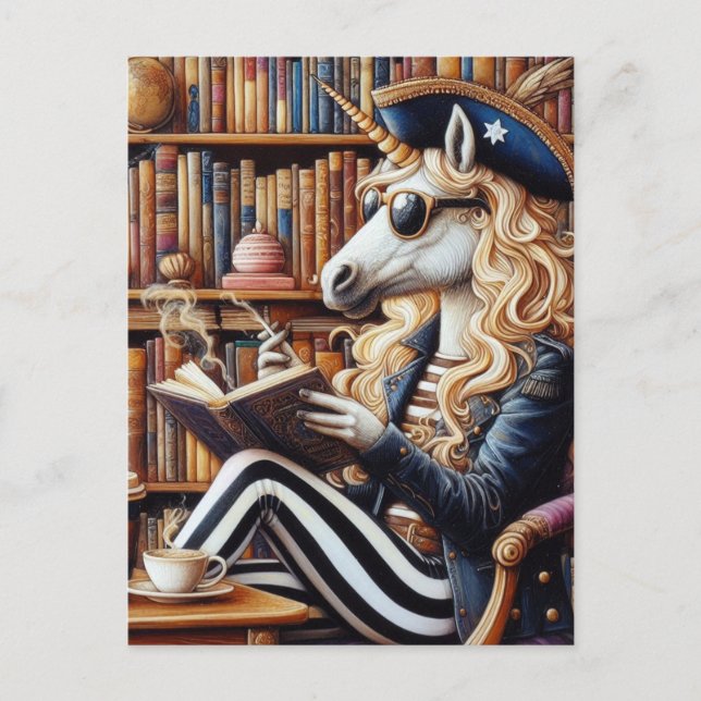 The Pirate Unicorn With Coffee in a Bookshop Postcard (Front)