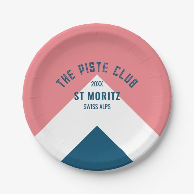 The Piste Club Pink Blue Custom Round Ski Party Paper Plate (Front)
