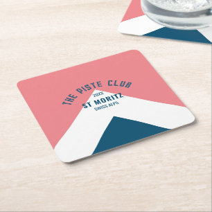 The Piste Club Pink Blue Custom Winter Ski Party Square Paper Coaster