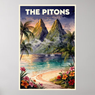 The Pitons St. Lucia Vintage Travel Poster