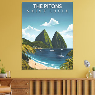 The Pitons – Vintage Travel Poster of Saint Lucia Canvas Print